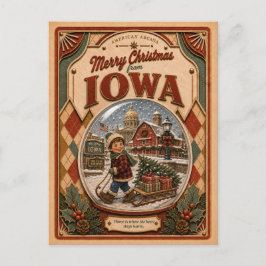 Cartão Postal De Festividades Feliz Natal de Iowa Globo de Neve Antigo
