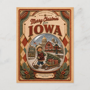 Cartão Postal De Festividades Feliz Natal de Iowa Globo de Neve Antigo