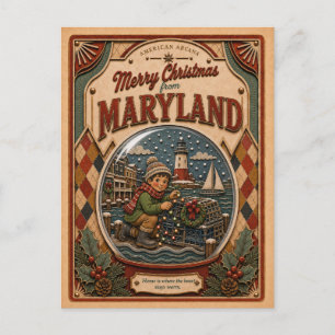 Cartão Postal De Festividades Feliz Natal de Maryland Globo de Neve Antigo