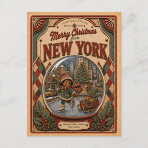 Cartão Postal De Festividades Feliz Natal de Nova York Globo de Neve Antigo