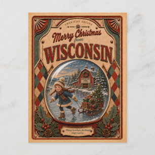 Cartão Postal De Festividades Feliz Natal de Wisconsin Globo de Neve Vintage