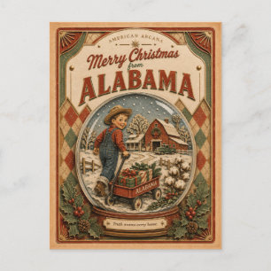 Cartão Postal De Festividades Feliz Natal do Alabama Globo de Neve Vintage