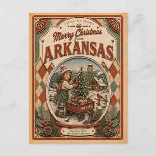 Cartão Postal De Festividades Feliz Natal do Arkansas Globo de Neve Antigo