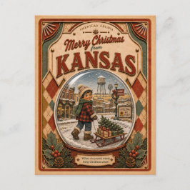 Cartão Postal De Festividades Feliz Natal do Kansas Globo de Neve Vintage