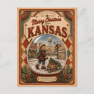 Cartão Postal De Festividades Feliz Natal do Kansas Globo de Neve Vintage