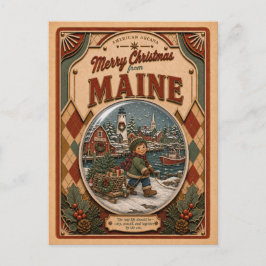 Cartão Postal De Festividades Feliz Natal do Maine Globo de Neve Vintage