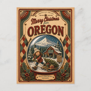 Cartão Postal De Festividades Feliz Natal do Oregon Globo de Neve Vintage