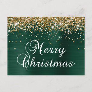 Cartão Postal De Festividades Feliz Natal Dourado Brilho Pinheiro Verde Folha