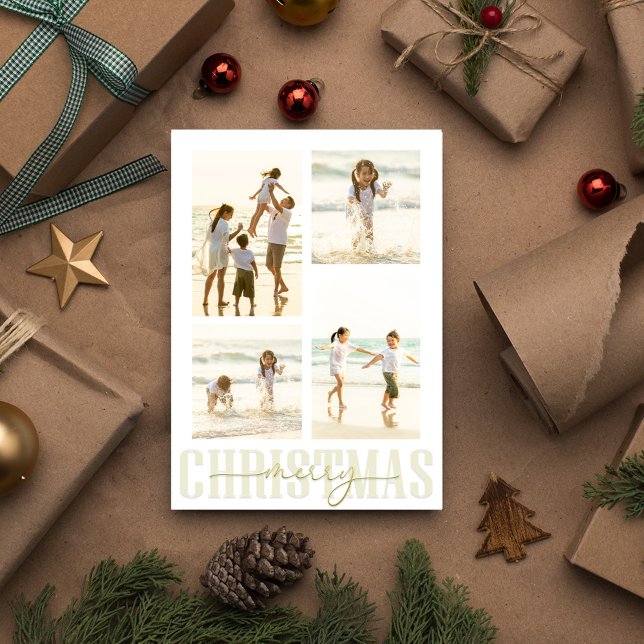 Cartão Postal De Festividades Feliz Natal Dourado Caligrafia 5 Foto (Completely editable template, add your own photos, and create an eye-catching photo postcard.)