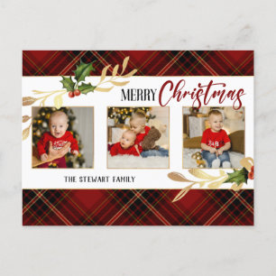 Cartão Postal De Festividades Feliz Natal Dourado Deixa 3 Foto Vermelho Tartan