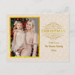 Cartão Postal De Festividades Feliz Natal e Ano Novo em Ouro & Floco de Neve