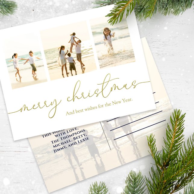 Cartão Postal De Festividades Feliz Natal Elegante Caligrafia Dourada 4 Foto (With stylish gold calligraphy together with simple block-style lettering for personalizing. )