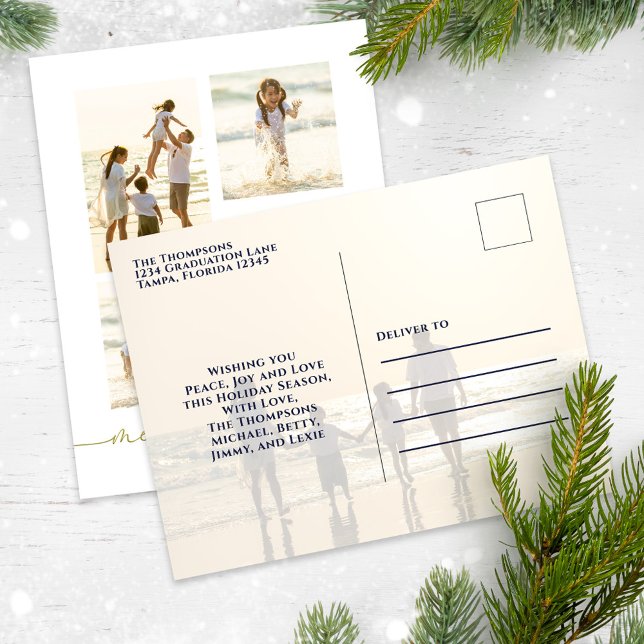 Cartão Postal De Festividades Feliz Natal Elegante Caligrafia Dourada 5 Foto (Merry Christmas elegant gold five-photo template postcard. )