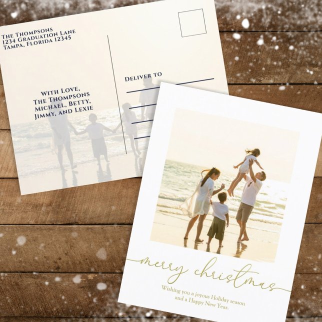 Cartão Postal De Festividades Feliz Natal Elegante Caligrafia Dourada Duas Fotog (Criador carregado)