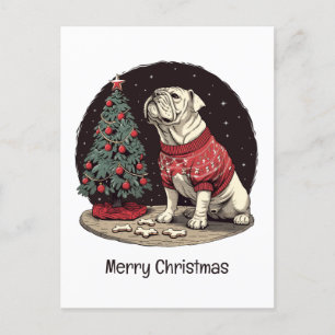 Cartão Postal De Festividades Feliz Natal em Inglês Buldogue Árvore de Natal