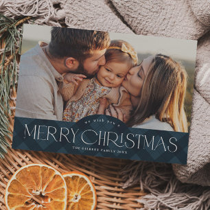 Cartão Postal De Festividades Feliz Natal em Xadrez Azul Marinho Rústico