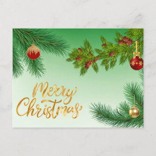 Cartão Postal De Festividades Feliz Natal Evergreen Branches com ornamentos