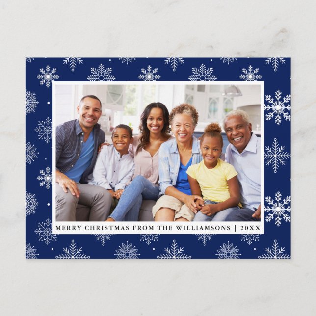 Cartão Postal De Festividades Feliz Natal Família Foto Snowflakes Azul (Frente)