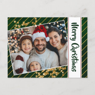 Cartão Postal De Festividades Feliz Natal Família Verde E Douradas Bandas