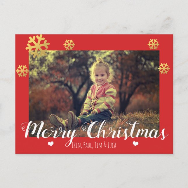 Cartão Postal De Festividades Feliz Natal Faux Flocos de Neve Dourados (Frente)