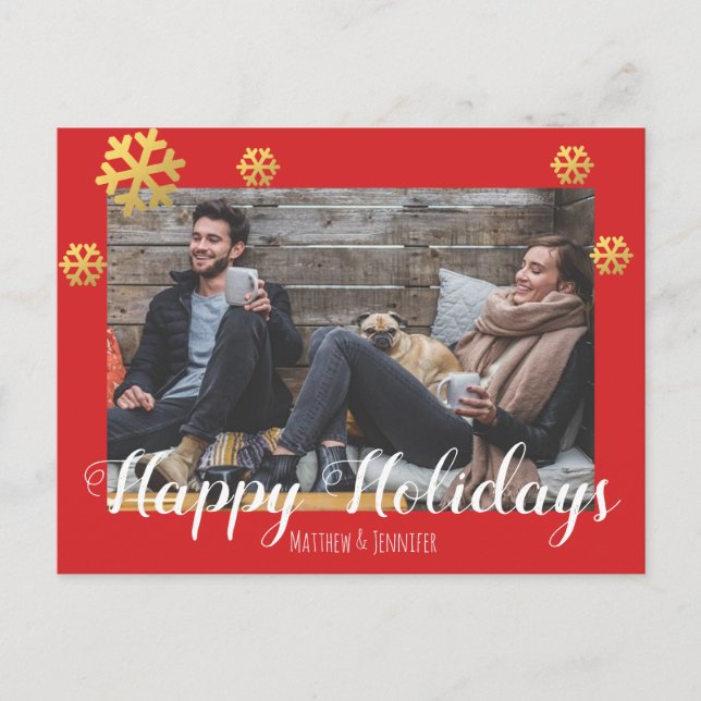 Cartão Postal De Festividades Feliz Natal Faux Flocos de Neve Dourados (Frente)