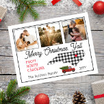 Cartão Postal De Festividades Feliz Natal Férias da Carolina do Norte<br><div class="desc">Design do estado russo "Feliz Natal" com um esboço do estado sobreposto com um padrão preto e branco de controlo de búfalos e um caminhão vintage parece vermelho arrastando uma árvore de férias. A legenda editável diz "Feliz Natal Y'all da Carolina do Norte". Basta adicionar suas três fotos de família,...</div>