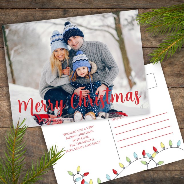 Cartão Postal De Festividades Feliz Natal Férias Festas Festivas Luzes Festivas (Merry Christmas holiday photo postcard with whimsical cute string lights. )