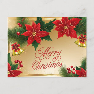 Cartão Postal De Festividades Feliz Natal Flores de Poinsettia Vermelha, Sinos