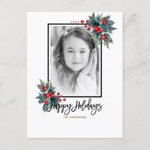 Cartão Postal De Festividades Feliz Natal Folhas de Azevinho Modernas e Listras 