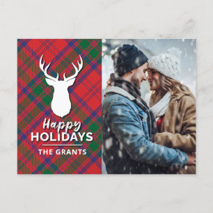 Cartão Postal De Festividades Feliz Natal Foto Vermelho Verde Xadrez Tartan