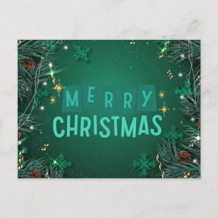 Cartão Postal De Festividades Feliz Natal Galhos de Pinheiros Verdes e Flocos de