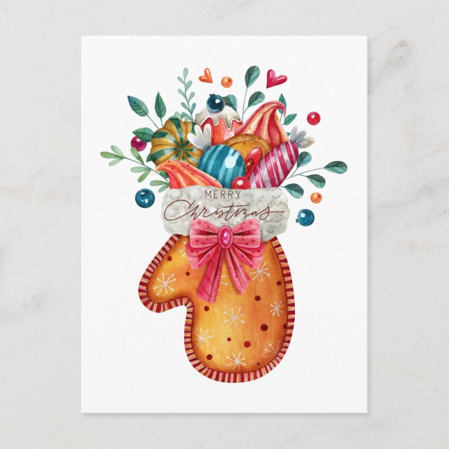 Cartão Postal De Festividades Feliz Natal Gingerpão Mitten com doce (Frente)