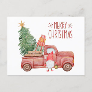Cartão Postal De Festividades Feliz Natal Gnomo com Vintage Red Truck
