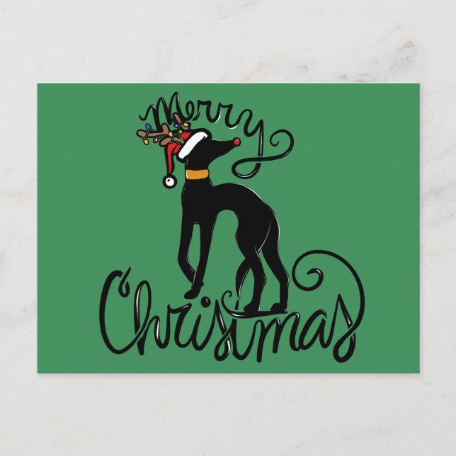 Cartão Postal De Festividades Feliz Natal Greyhound Reindeer (Frente)