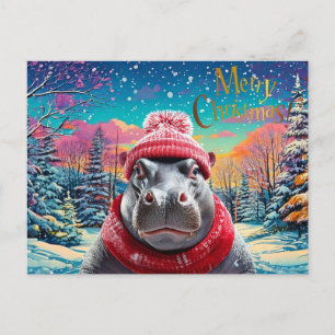 Cartão Postal De Festividades Feliz Natal Hipopótamo chapéu e cachecol de Papai 