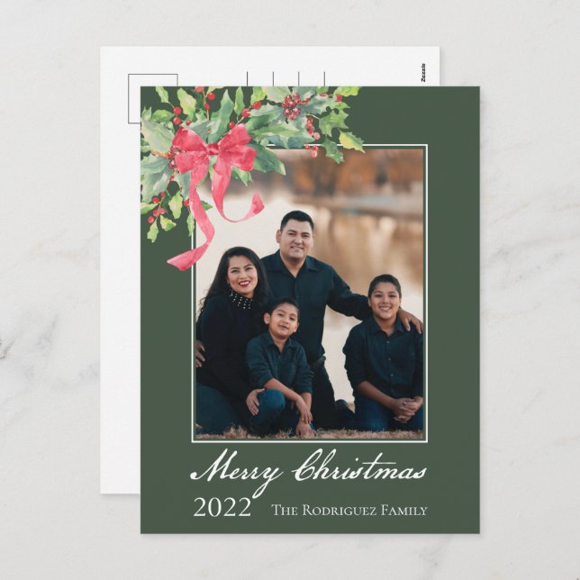 Cartão Postal De Festividades Feliz Natal Holly e Berry Greenery Photo Hol (Frente/Verso)