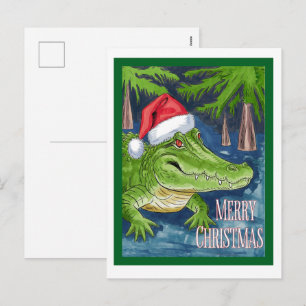 Cartão Postal De Festividades Feliz Natal Jacaré com o Chapéu do Papai Noel
