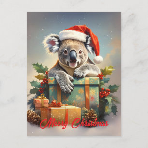 Cartão Postal De Festividades Feliz Natal Koala com presentes e azevinho