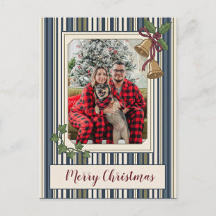 Cartão Postal De Festividades Feliz Natal Listras da Marinha Sininhos Azevinho F
