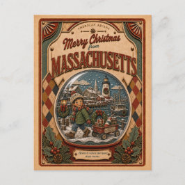 Cartão Postal De Festividades Feliz Natal Massachusetts Globo de Neve Vintage