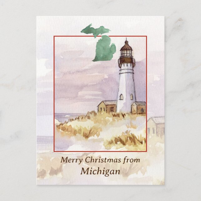Cartão Postal De Festividades Feliz Natal Michigan Farol de inverno neve (Frente)