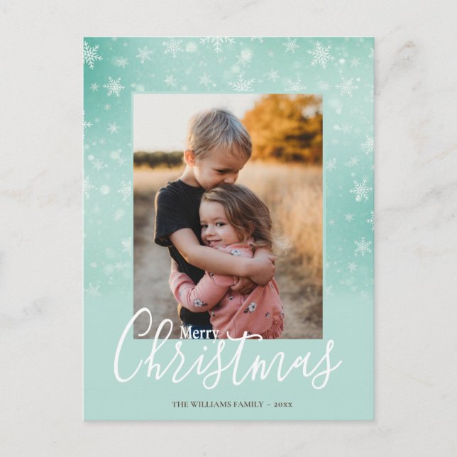 Cartão Postal De Festividades Feliz Natal Moderno Snowy Winter Foto Verde (Frente)