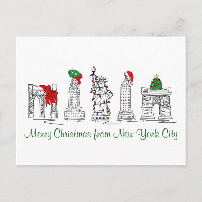 Cartão Postal De Festividades Feliz Natal Nova Iorque NYC Xmas Caneta e Tinta (Frente)