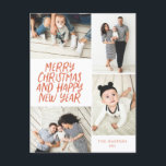 Cartão Postal De Festividades Feliz Natal Novo Ano Vermelho 4 Fotografia Colagem<br><div class="desc">Este cartão postal de na moda e festivo multifoto, com estilo manuscrito, apresenta uma colagem fotográfica que mostra 4 das suas fotos. No verso, adicione seu endereço de devolução e uma mensagem personalizada pré-impressa para enviar um cartão de feriado fácil e rápido. Basta adicionar suas fotos e texto com alguns...</div>