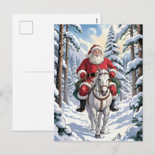 Cartão Postal De Festividades Feliz Natal Papai Noel Cavalgando Cavalo Branco Ne