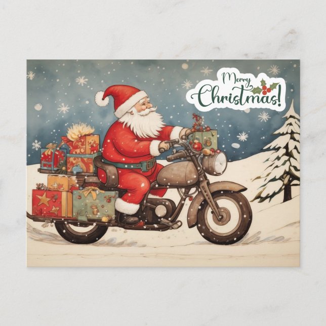 Cartão Postal De Festividades Feliz Natal Papai Noel em Moto (Frente)