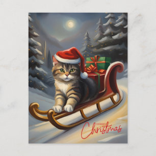 Cartão Postal De Festividades Feliz Natal Papai Noel Gato no Trenó