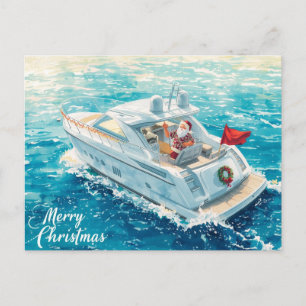 Cartão Postal De Festividades Feliz Natal Papai Noel Navegando em um Iate