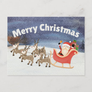 Cartão Postal De Festividades Feliz Natal Papais noeis de Aquarelas Sleigh