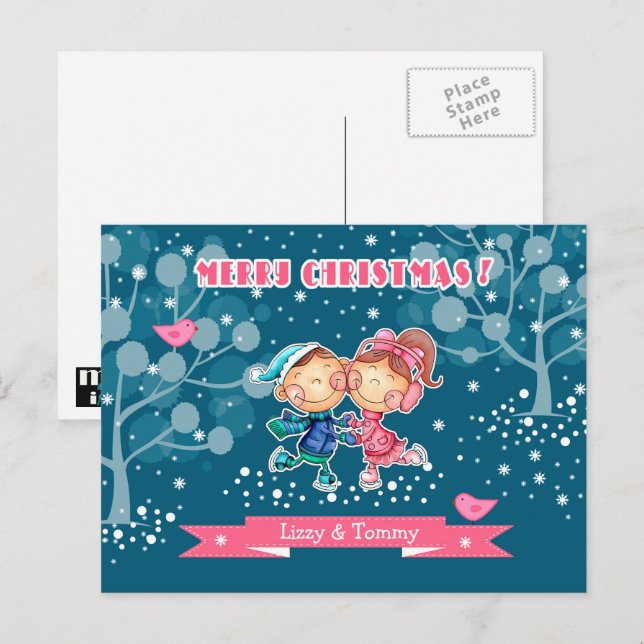 Cartão Postal De Festividades Feliz Natal para Crianças de Sking (Frente/Verso)